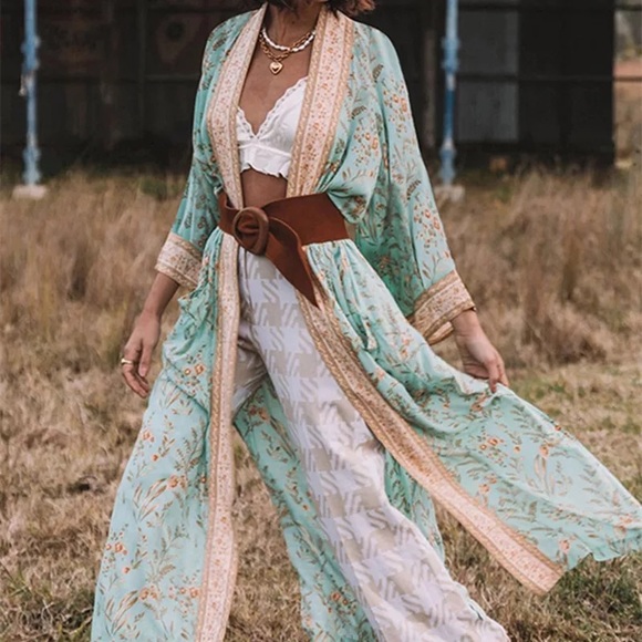 🎀 BOHO KIMONO ROBE DUSTER BOHEMIAN GYPSY COVER LONG MAXI PASTEL WIDE SLEEVE - Picture 6 of 10